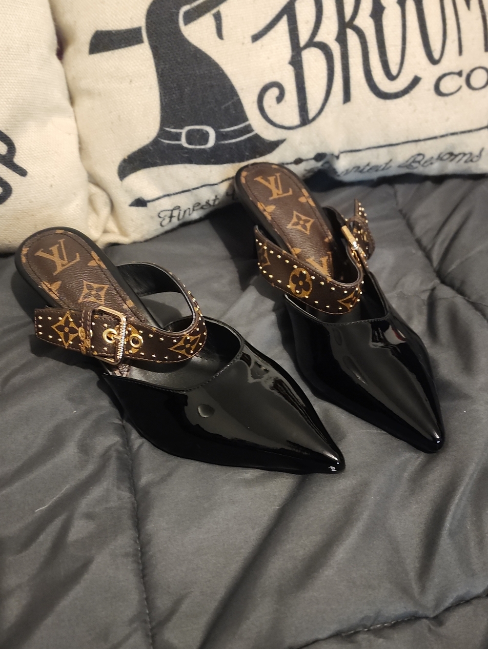 Louis Vuitton Black Patent Pointed Mule with Monogram Buckle Strap